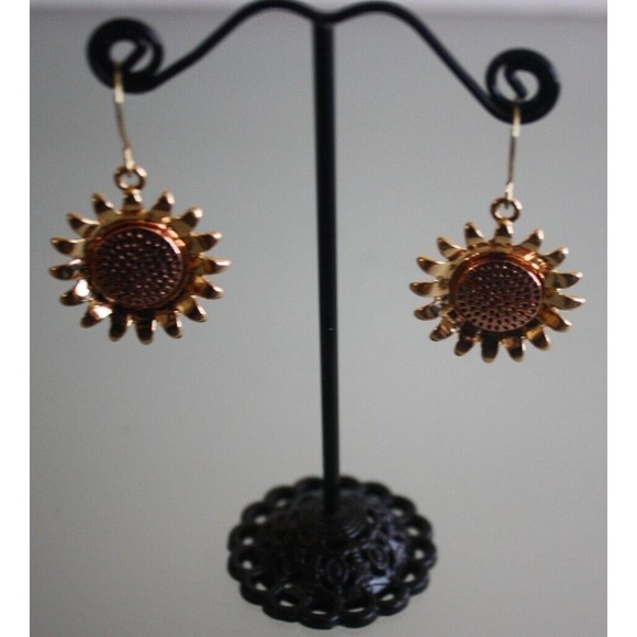 Sunflower Earrings Enamel & Gold Plated Hypoallergenic Boho Dangle Drop - Picture 3 of 4